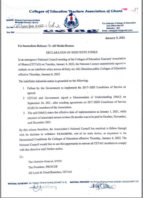 CETAG statement declaring an indefinite strike