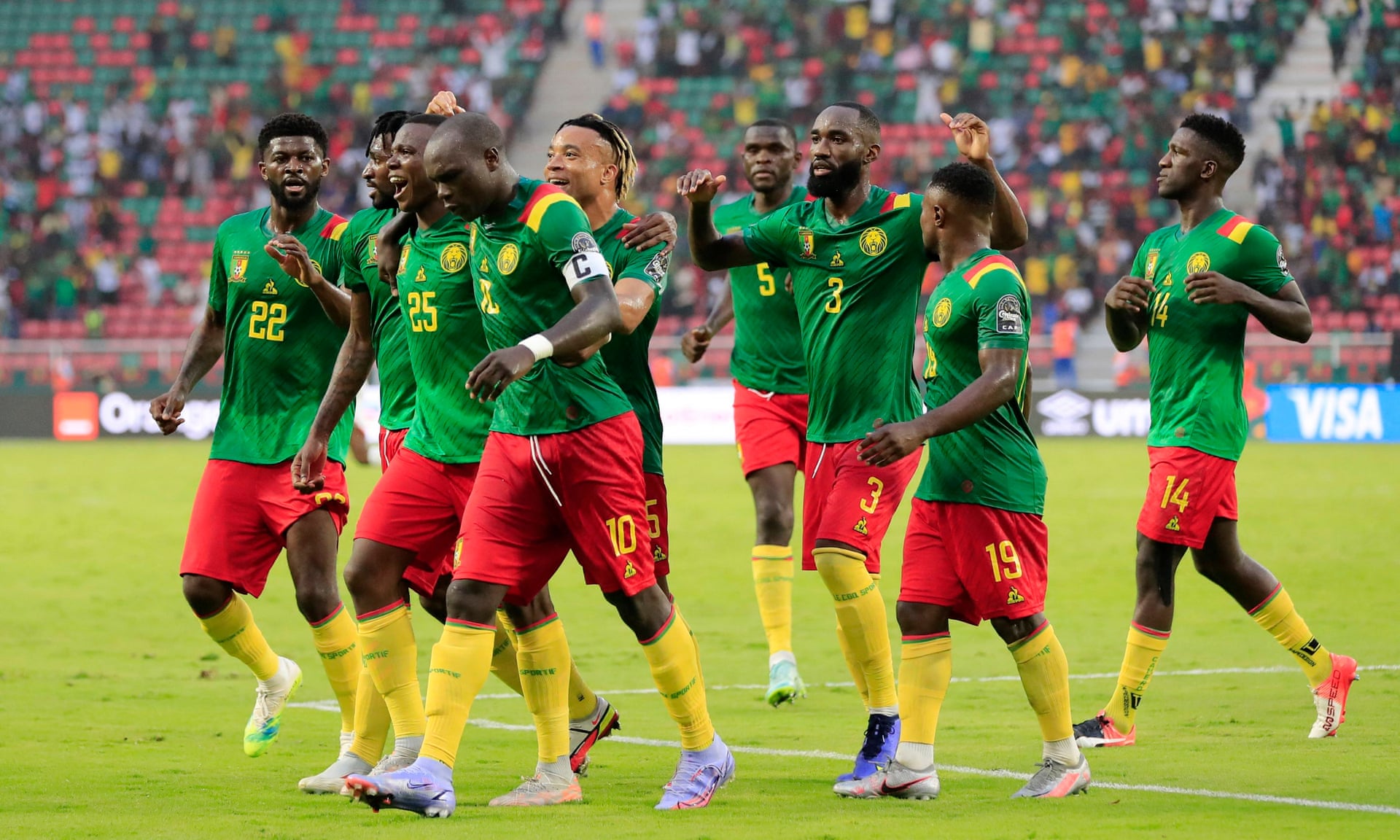 Cameroon players celebrating one of their goals against Burkina Faso in the 2021 AFCON opening match at the Olembe Stadium, Cameroon on Jan 9, 2022