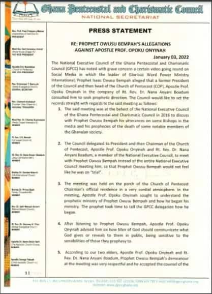 A statement from Ghana Pentecostal and Charismatic Churches debunking Owusu Bempah's claims