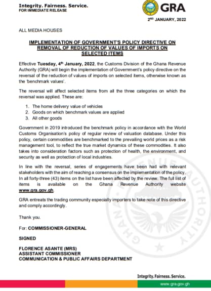 the letter from the GRA indicating the reversal of the benchmark value discounts