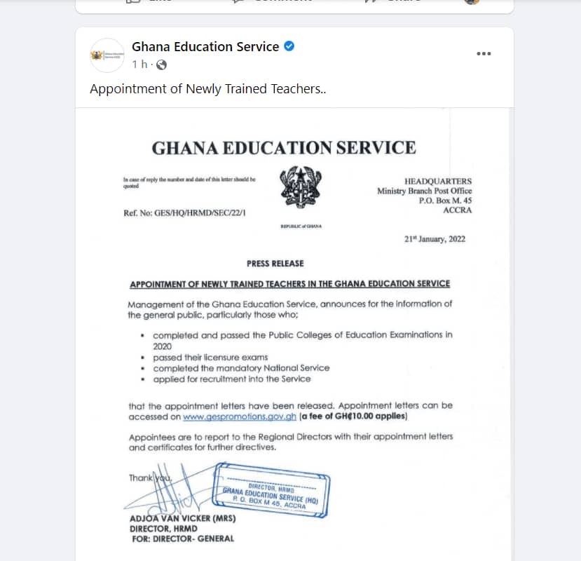 GES announces the appointment of newly trained teachers