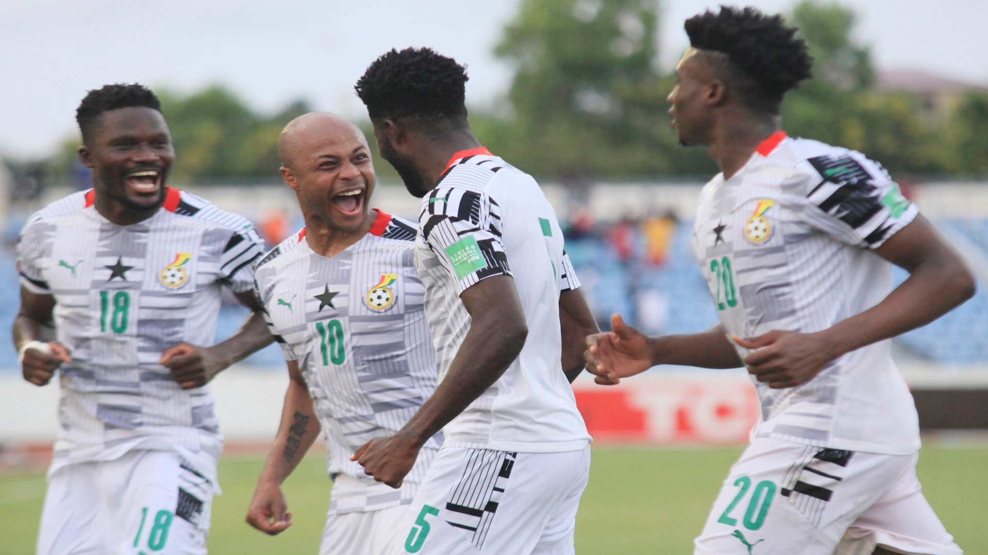 Andre Ayew, Thomas Partey, Daniel Amartey and Kudus Mohammed celebrating a goal for Ghana