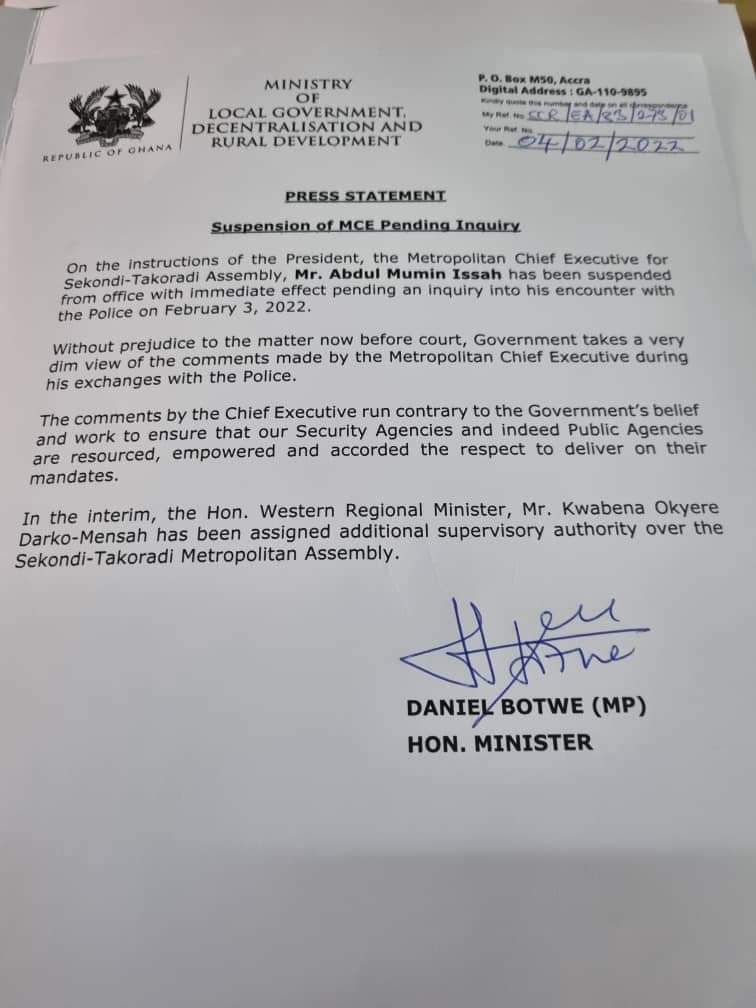 Statement from the Local Government Ministry suspending Sekondi-Takoradi MCE