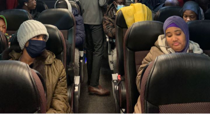 People leaving Ukraine by train