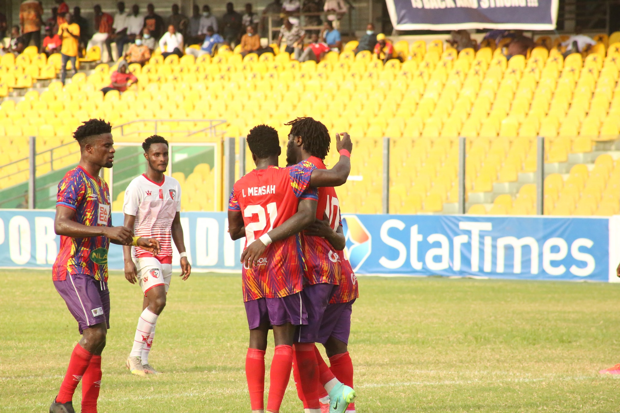 Hearts of Oak players celebrate a goal against WAFA in the Premier League on March 9, Hearts won by 2-1