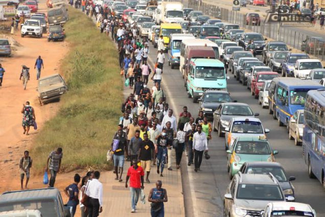 Passengers walking due to trotro drivers strike