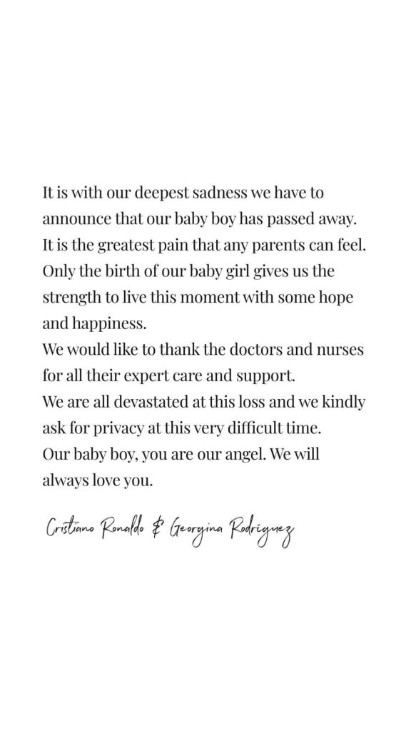 Statement from Christiano Ronaldo and Georgina Rodriguez about the death of their son