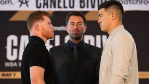 Canelo Alvarez and Dimtry Bivol at their final pre-match press conference