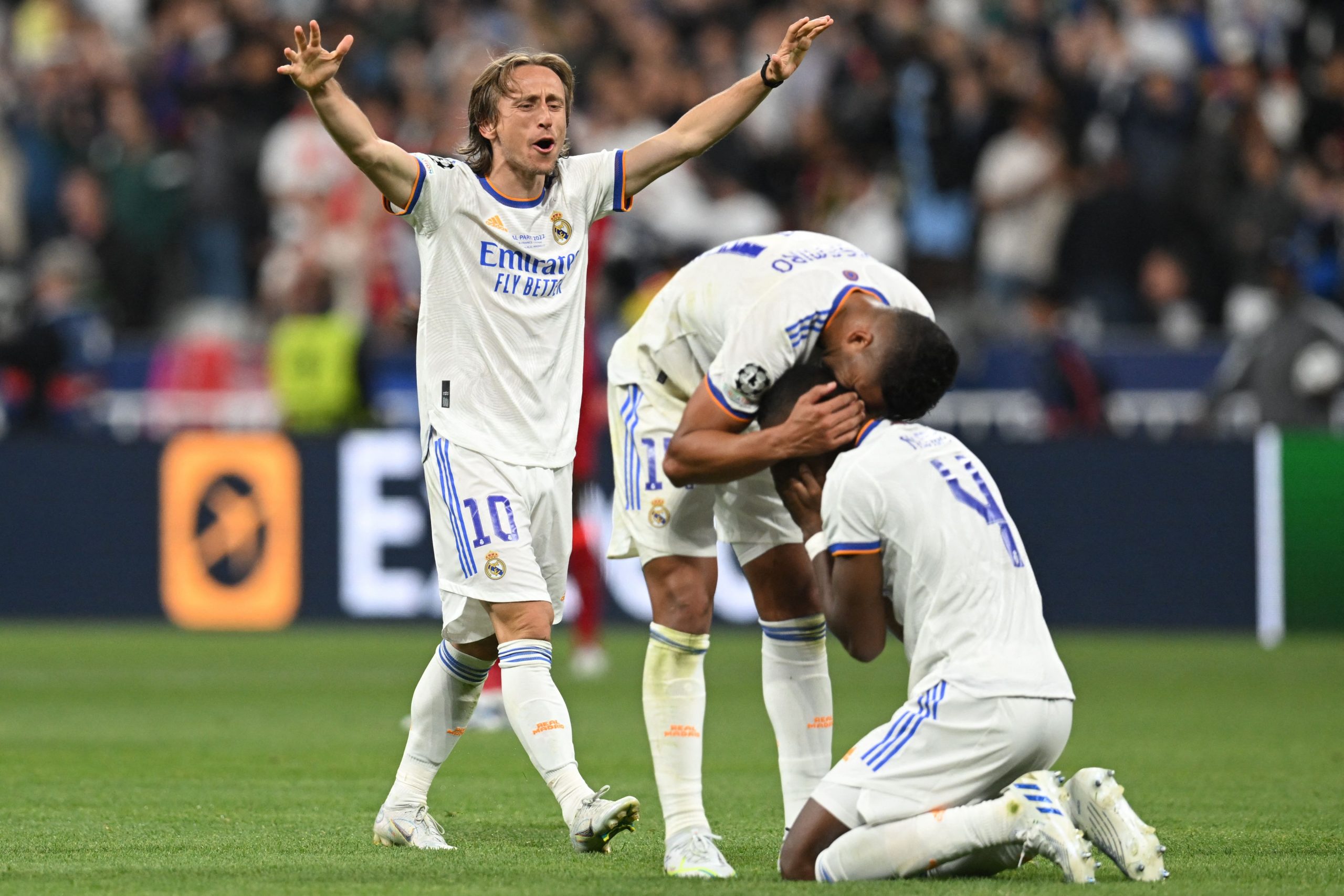 Real Madrid's Vinicius Jr celebrate his goal against Liverpool in the 2022 UCL final with team mates