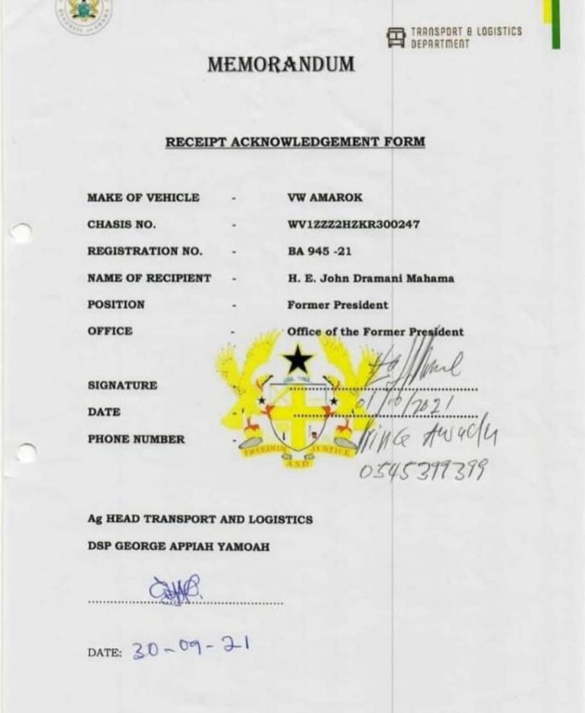 Screenshots of documents releasing vehicles to ex-president Mahama