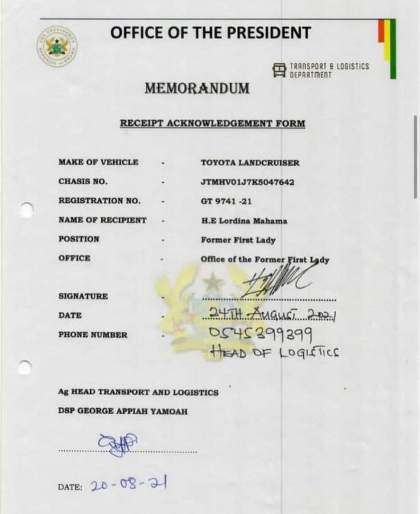 Screenshots of documents releasing vehicles to ex-president Mahama