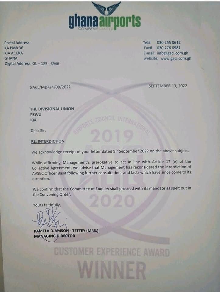 a letter reversing GACL decision to interdict Abdul Basit