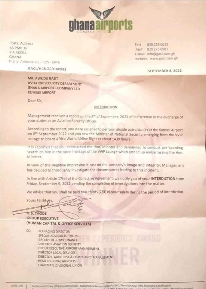 Letter suspending the security guard for searching the National Security minister