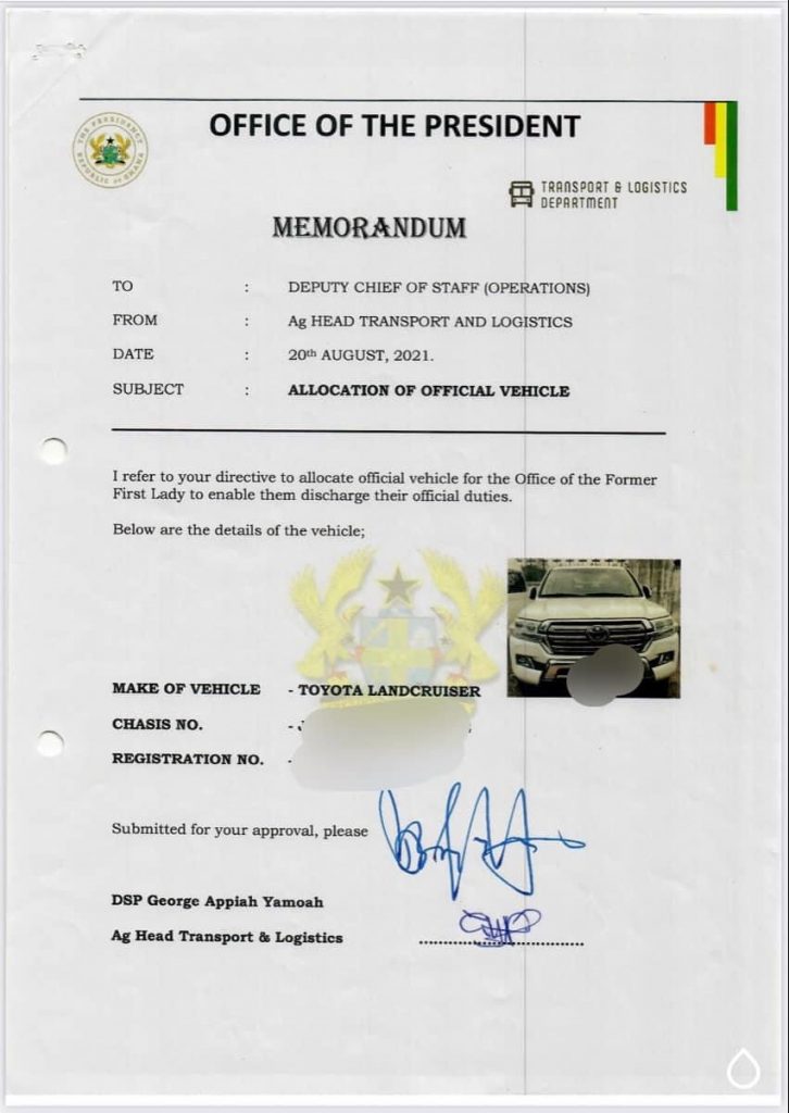 Screenshots of documents releasing vehicles to ex-president Mahama
