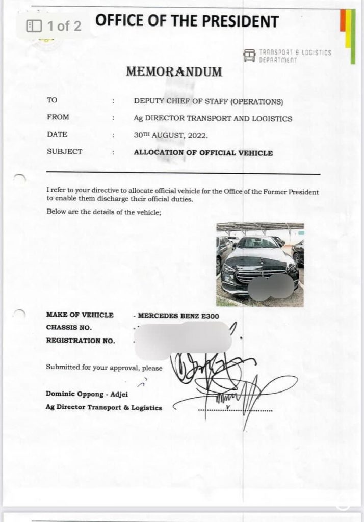 Screenshots of documents releasing vehicles to ex-president Mahama