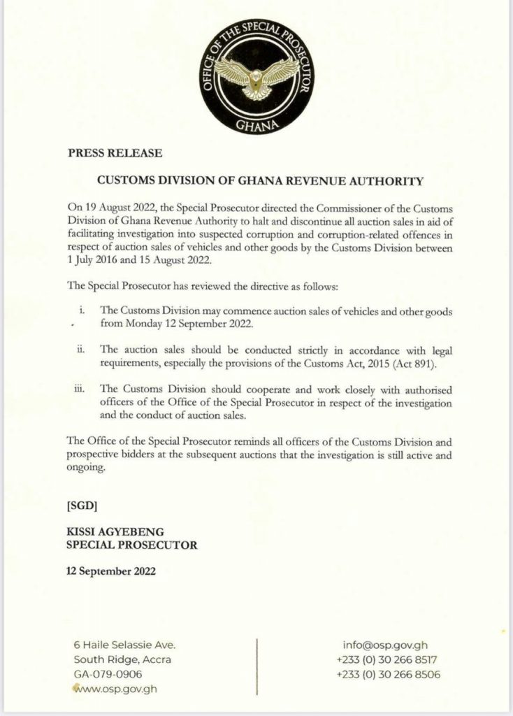 OSP's letter to Customs Division lifting the ban on auction sales of vehicles.