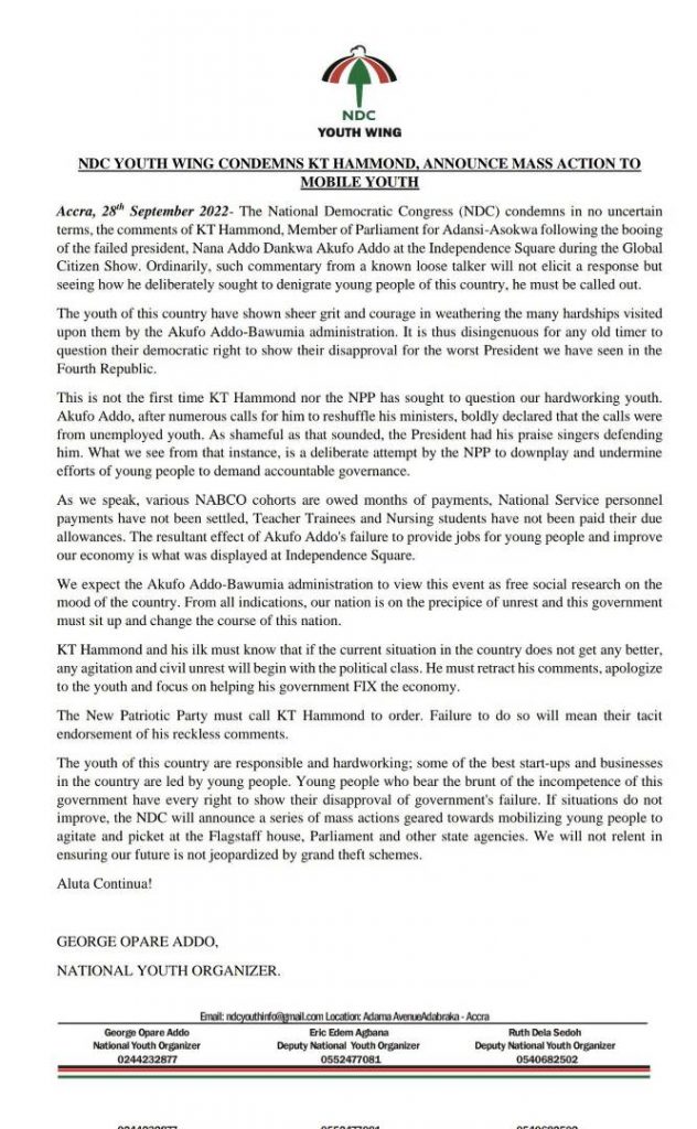 NDC youth statement to KY Hammond