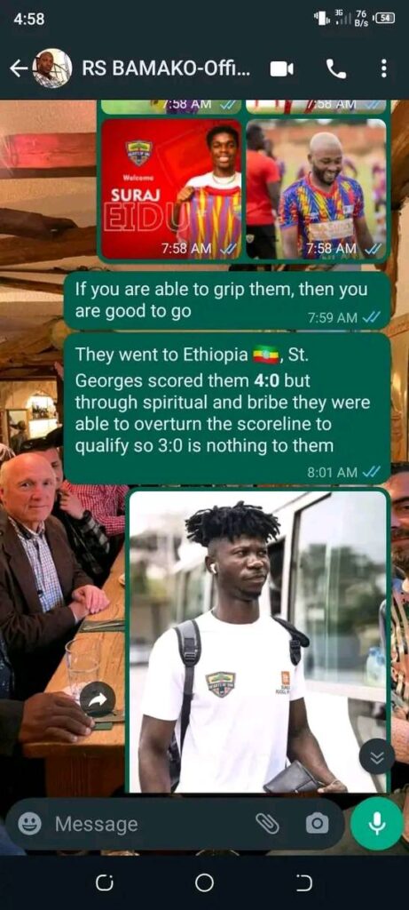 Anonymous WhatsApp chats with AS Bamako official about how to beat Hearts of Oak