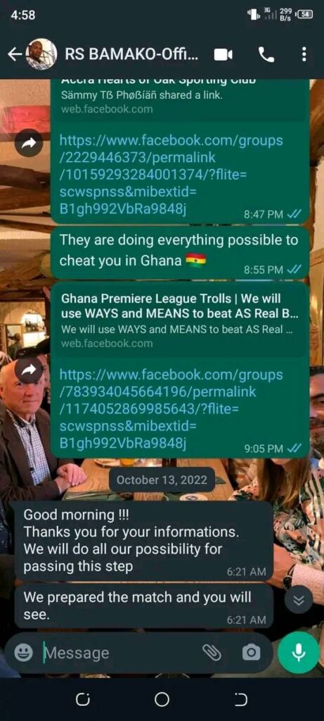 Anonymous WhatsApp chats with AS Bamako official about how to beat Hearts of Oak